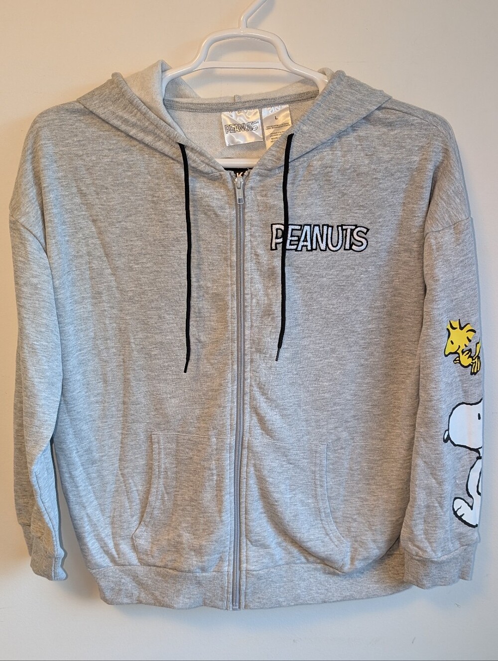 Peanuts Light Gray Zip-Up Hoodie with Snoopy & Woodstock